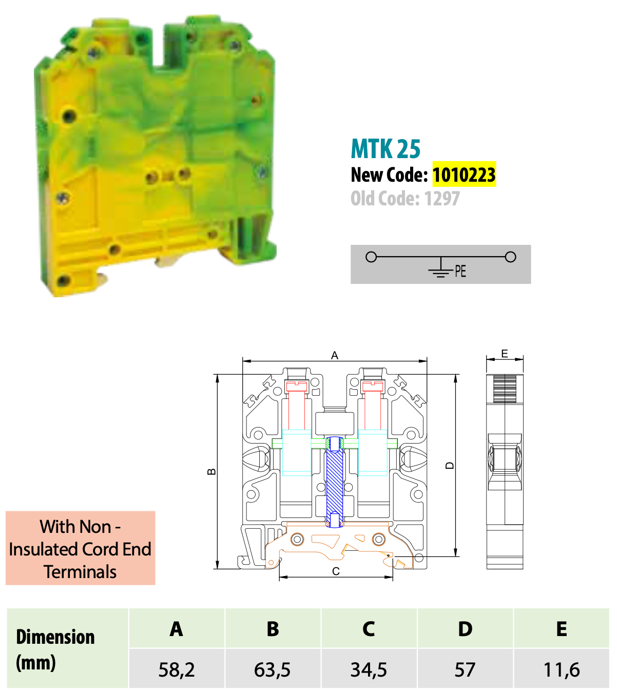 ONKA 16mm2 PE Šroubová kolejnicová spojka svorkovnice terminál na DIN lištu 2-vodičová šedá, 1010223