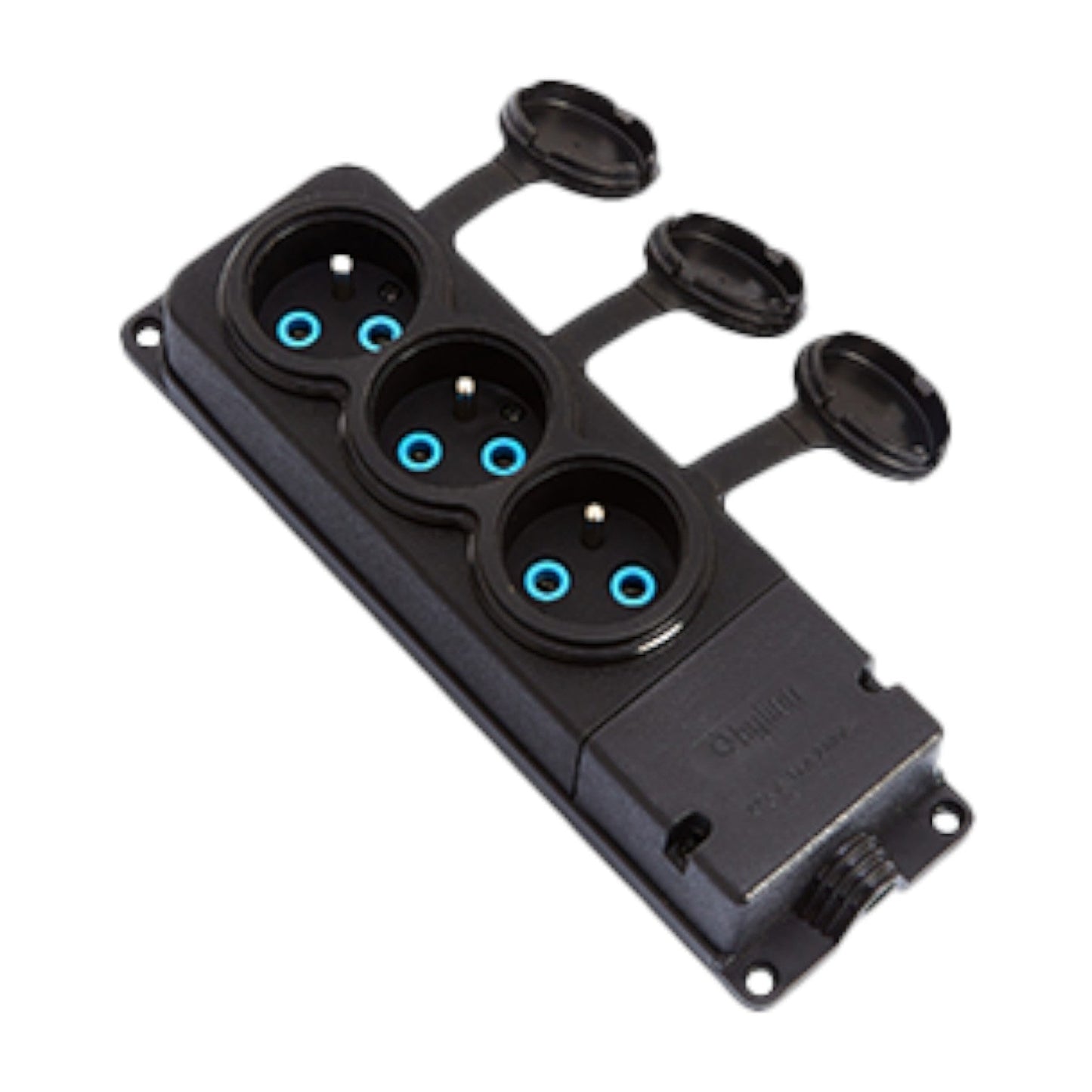 3x zásuvka, francouzský typ E, trojitá "gumová" černá zásuvka s víkem hermetický IP44 250V, 16A, 2P+Z, 3KMP-E, Bylion