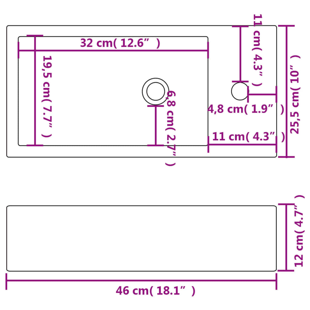 Umyvadlo Otvor Na Baterii Obdélníkové Keramické Bílé 46X25,5X12Cm