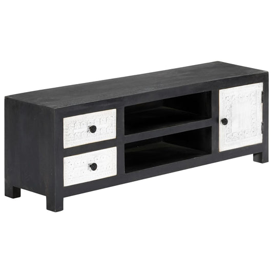 Ručně Vyřezávaný Tv Stolek Šedo-Bílý 120X30X40 Cm Masivní Mango