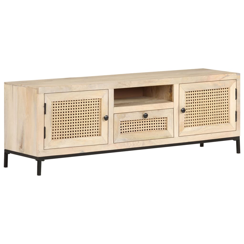 Tv Stolek 120 X 30 X 40 Cm Masivní Mangovník A Přírodní Rákos Bílo-Modrá