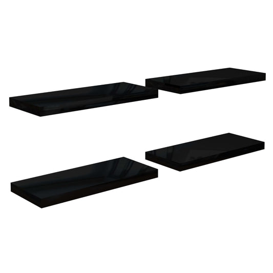 Plovoucí Nástěnné Police 4 Ks Lesklé Černé 60X23,5X3,8 Cm Mdf Černá S Vysokým Leskem