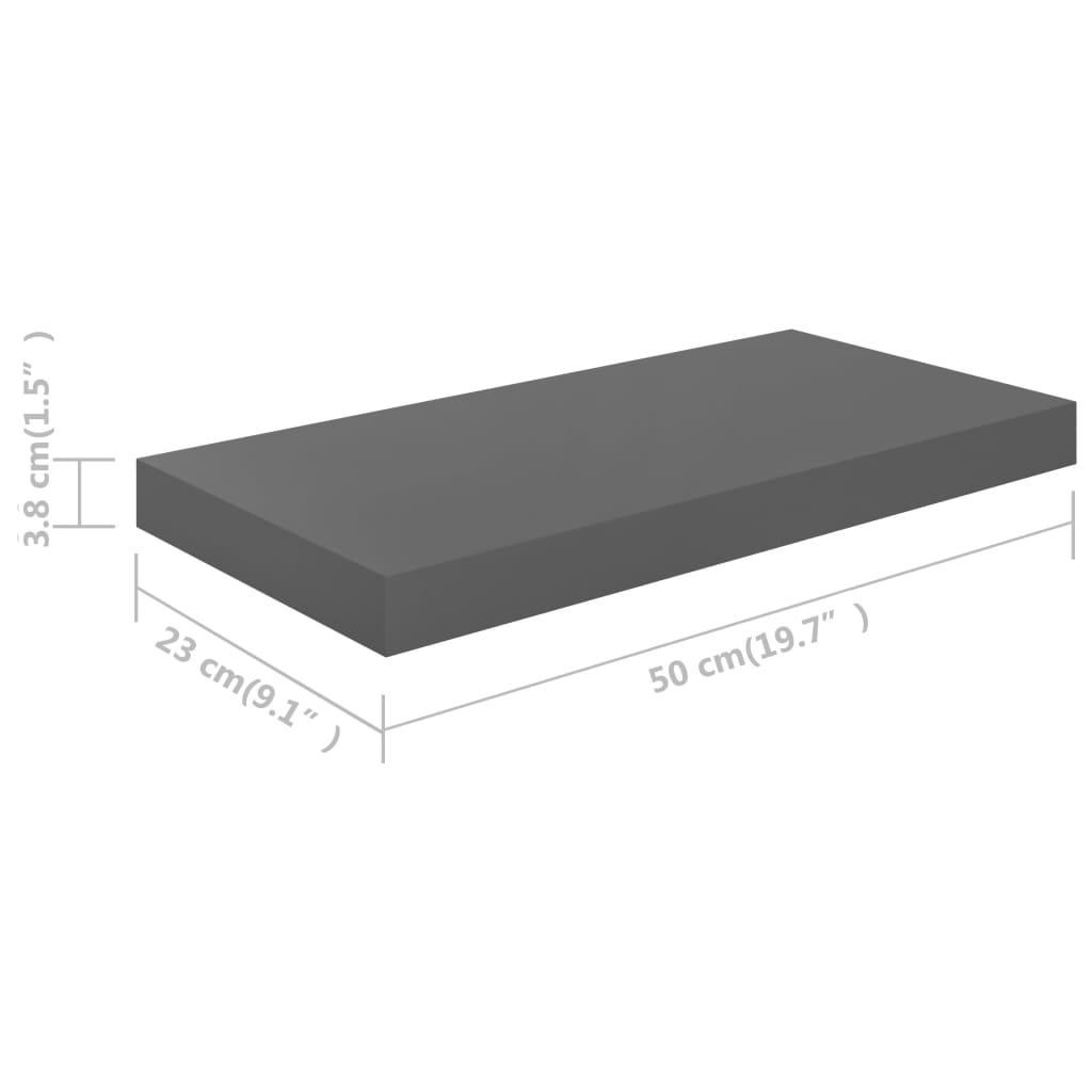 Plovoucí Nástěnná Police Šedá Vysoký Lesk 50 X 23 X 3,8 Cm Mdf Šedá S Vysokým Leskem