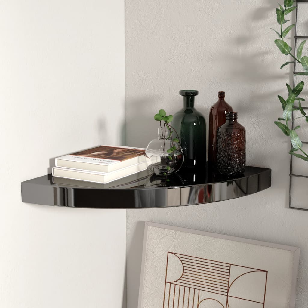 Plovoucí Rohová Police Černá Vysoký Lesk 25 X 25 X 3,8 Cm Mdf Černá S Vysokým Leskem