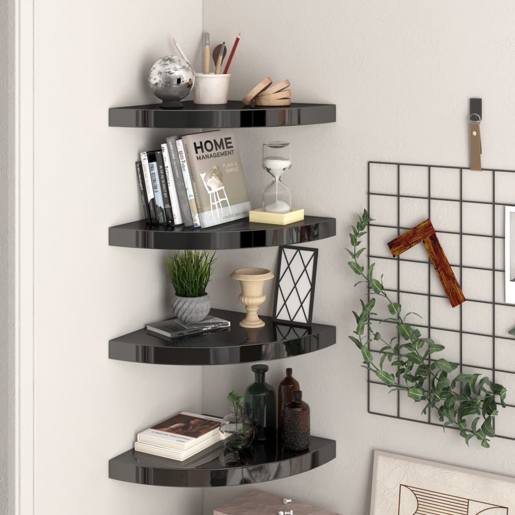 Plovoucí Rohové Police 4 Ks Černé Vysoký Lesk 25X25X3,8 Cm Mdf Černá S Vysokým Leskem