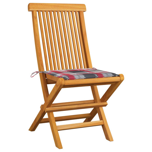 Zahradní Židle + Červené Kárované Podušky 2 Ks Masivní Teak