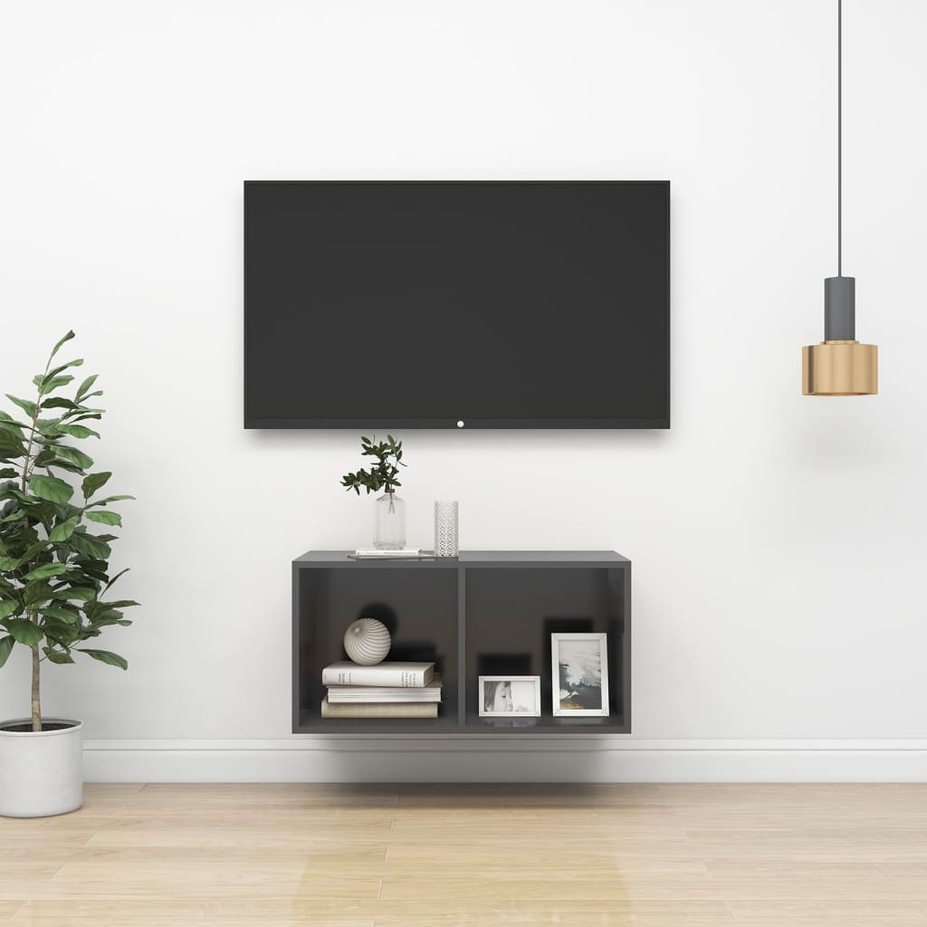 Nástěnná Tv Skříňka Šedá Vysoký Lesk 37X37X142,5 Cm Dřevotříska
