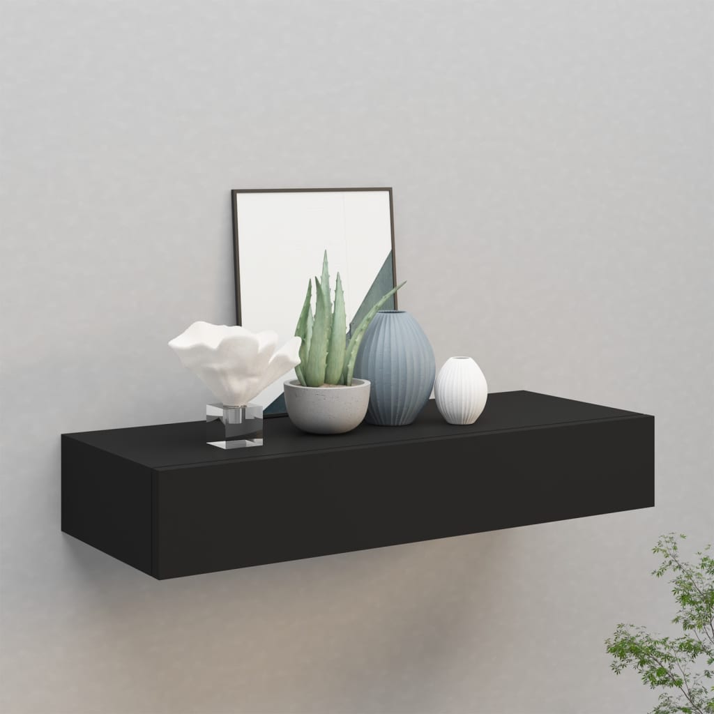 Nástěnná Police Se Zásuvkou Černá 40 X 23,5 X 10 Cm Mdf Černá