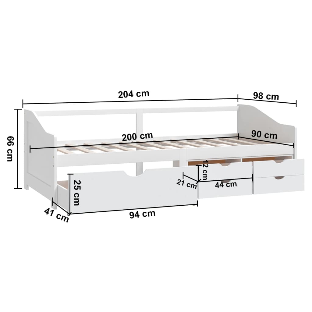 3Místná Válenda Se Zásuvkami Bílá Masivní Borovice 90 X 200 Cm