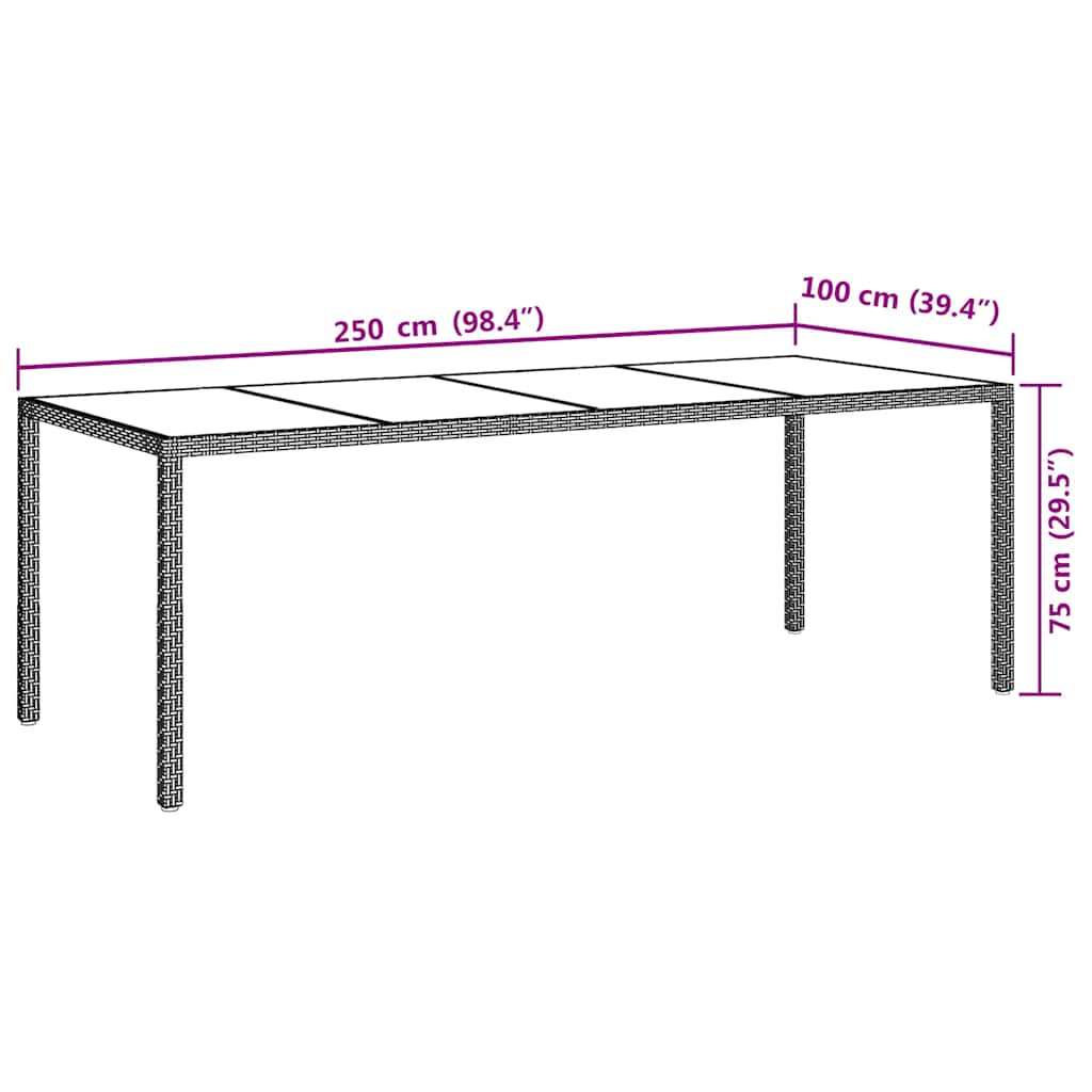 Zahradní Stůl Šedý 250 X 100 X 75 Cm Tvrzené Sklo A Polyratan