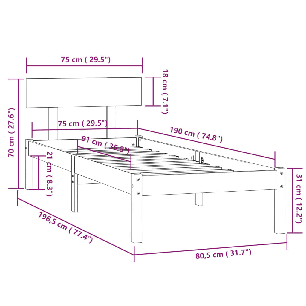 Rám Postele Bílý Masivní Dřevo 75 X 190 Cm Malé Jednolůžko
