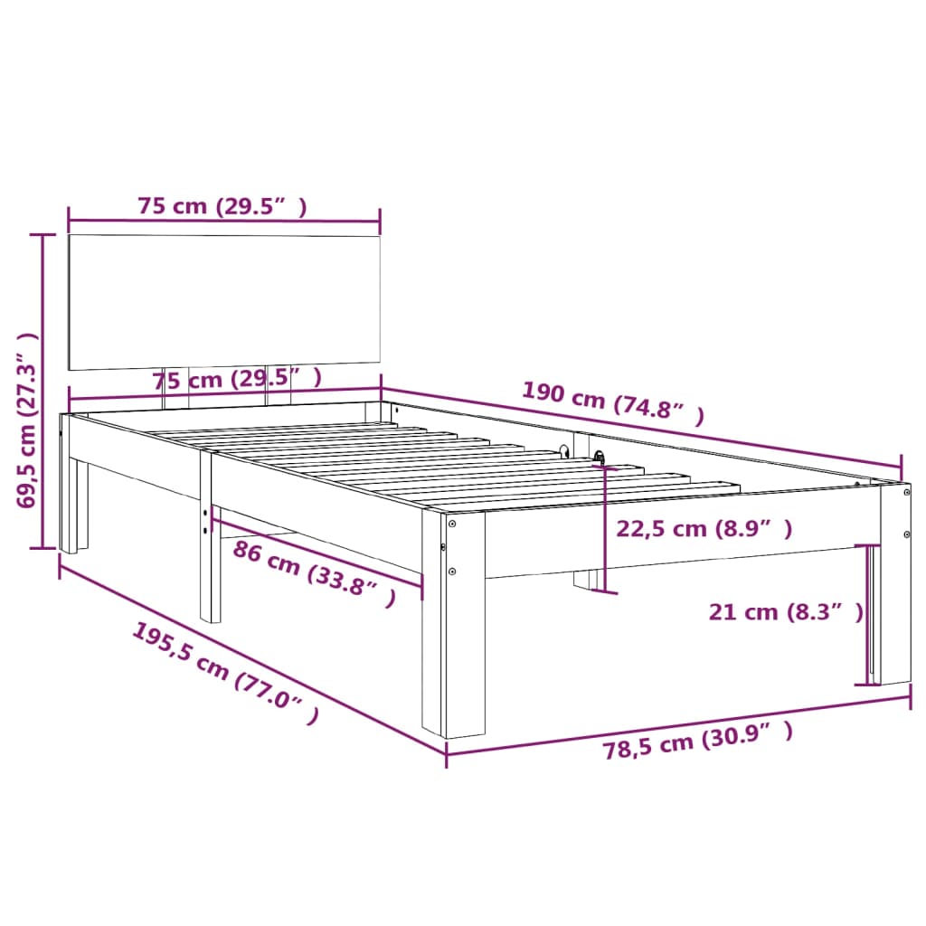 Rám Postele Černý Masivní Dřevo 75 X 190 Cm Malé Jednolůžko