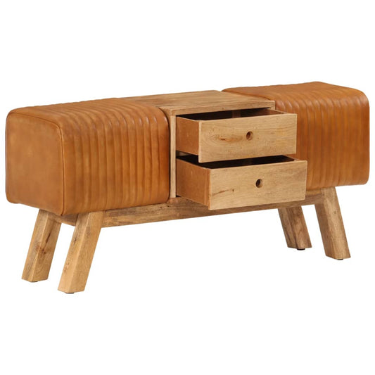 Lavice Hnědá 107 Cm Pravá Kozí Kůže Masivní Mangovníkové Dřevo