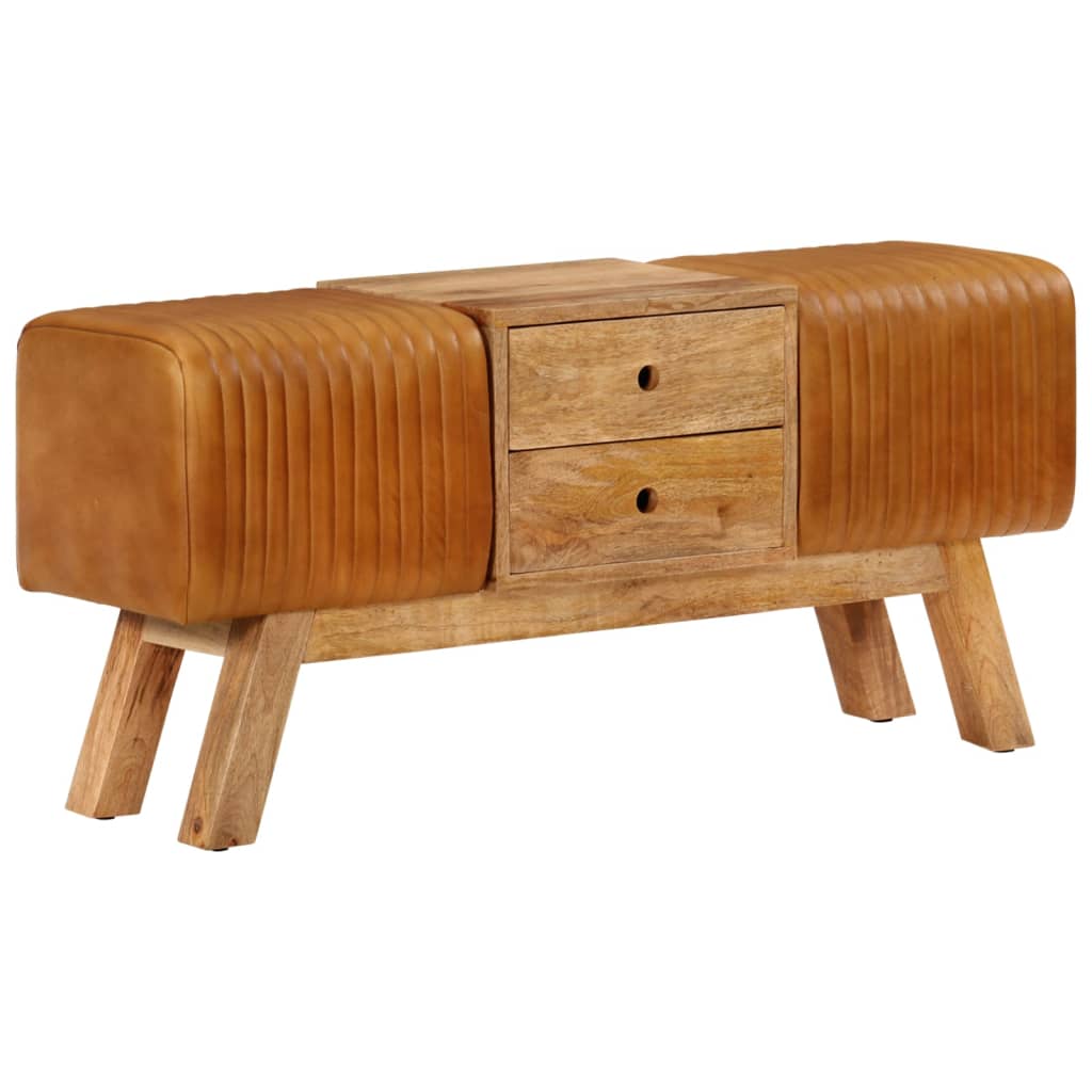 Lavice Hnědá 107 Cm Pravá Kozí Kůže Masivní Mangovníkové Dřevo