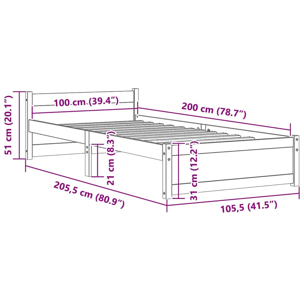 Rám Postele Bílý Masivní Dřevo 100 X 200 Cm