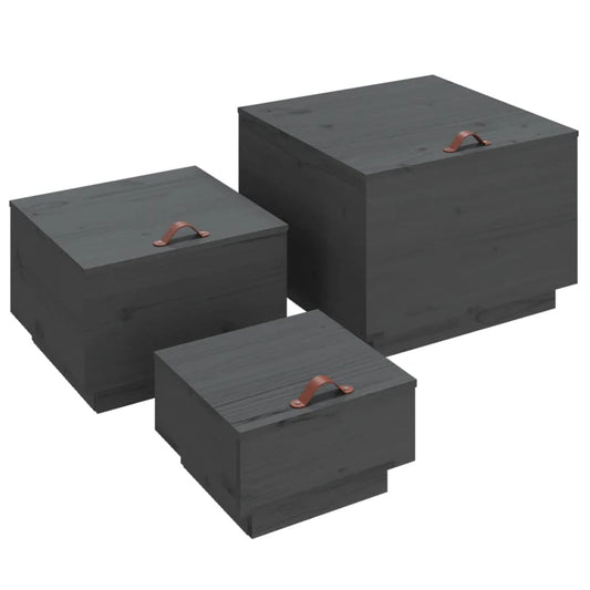 Úložné Boxy S Víkem 3 Ks Šedé Masivní Borové Dřevo