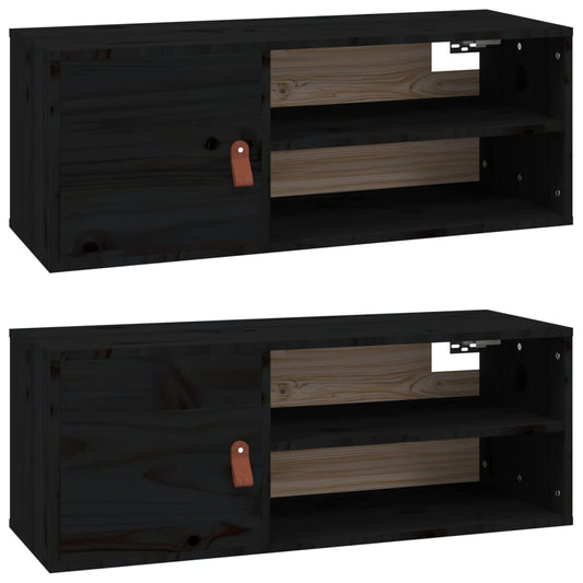 Nástěnné Skříňky 2 Ks Černé 80X30X30 Cm Masivní Borové Dřevo