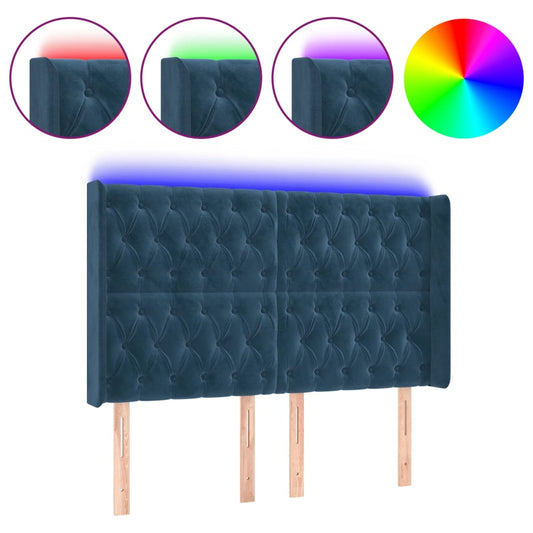 Čelo Postele S Led Tmavě Modré 163 X 16 X 118/128 Cm Samet