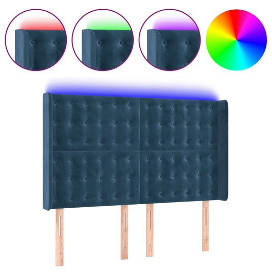 Čelo Postele S Led Tmavě Modré 147 X 16 X 118/128 Cm Samet