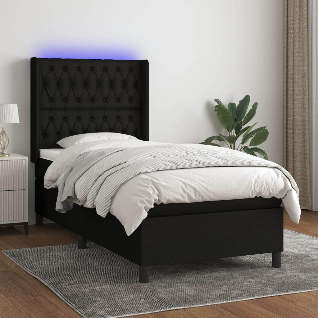 Box Spring Postel S Matrací A Led Černá Textil Černá
