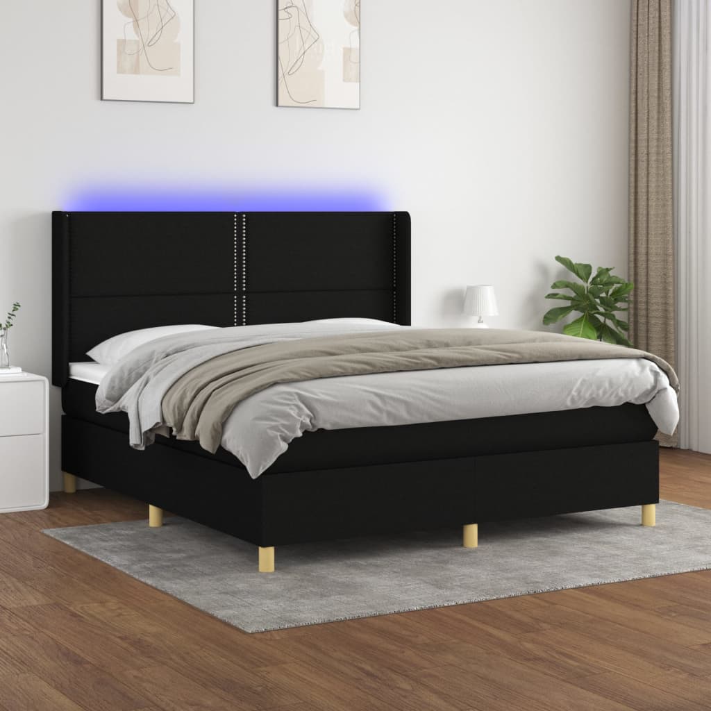 Box Spring Postel S Matrací A Led Černá Textil Černá