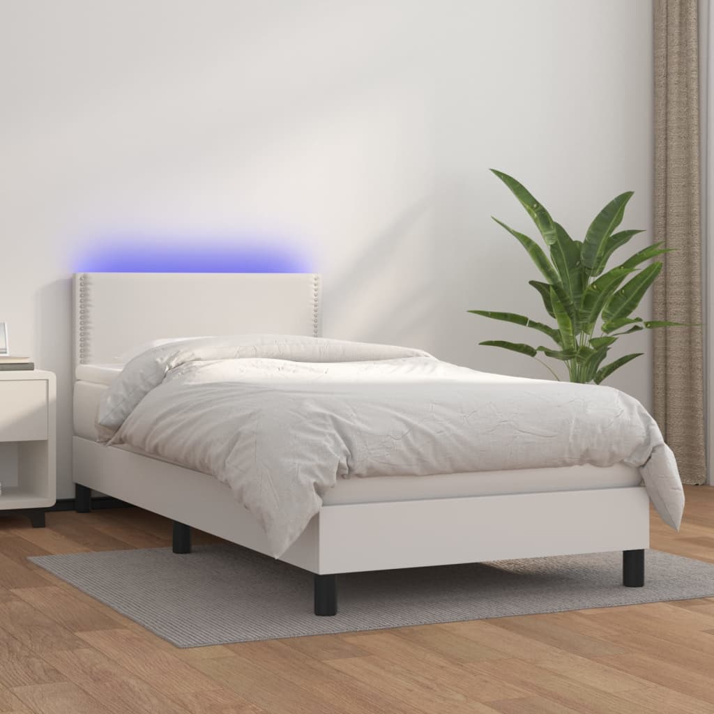 Box Spring Postel S Matrací A Led Umělá Kůže Bílá