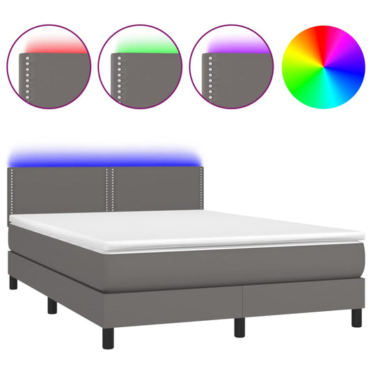 Box Spring Postel S Matrací A Led Šedá Umělá Kůže Šedá