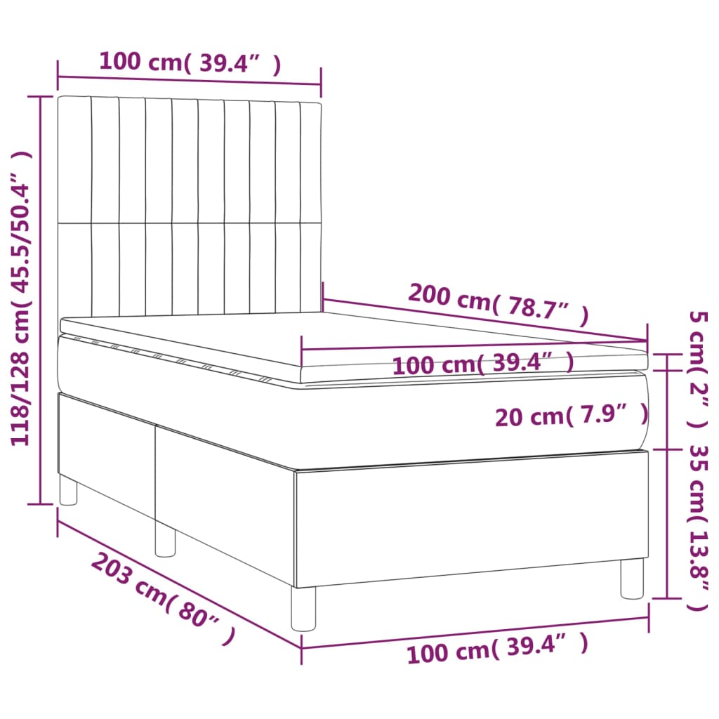 Box Spring Postel S Matrací A Led Tmavě Hnědá 100X200 Cm Textil