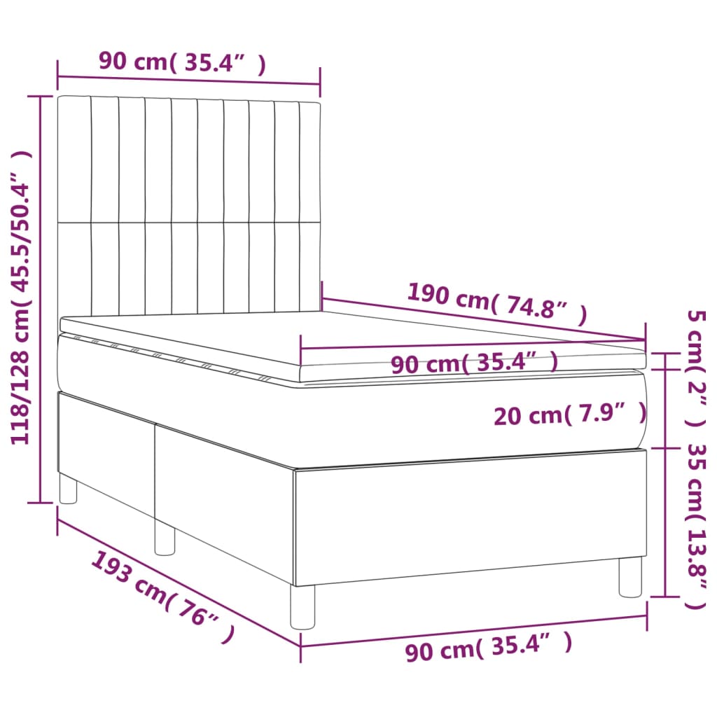 Box Spring Postel S Matrací A Led Tmavě Hnědá 90X190 Cm Textil