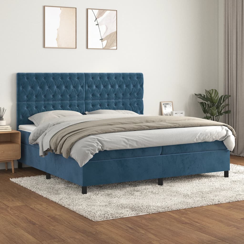 Box Spring Postel S Matrací Tmavě Modrá Samet Tmavě Moddrá