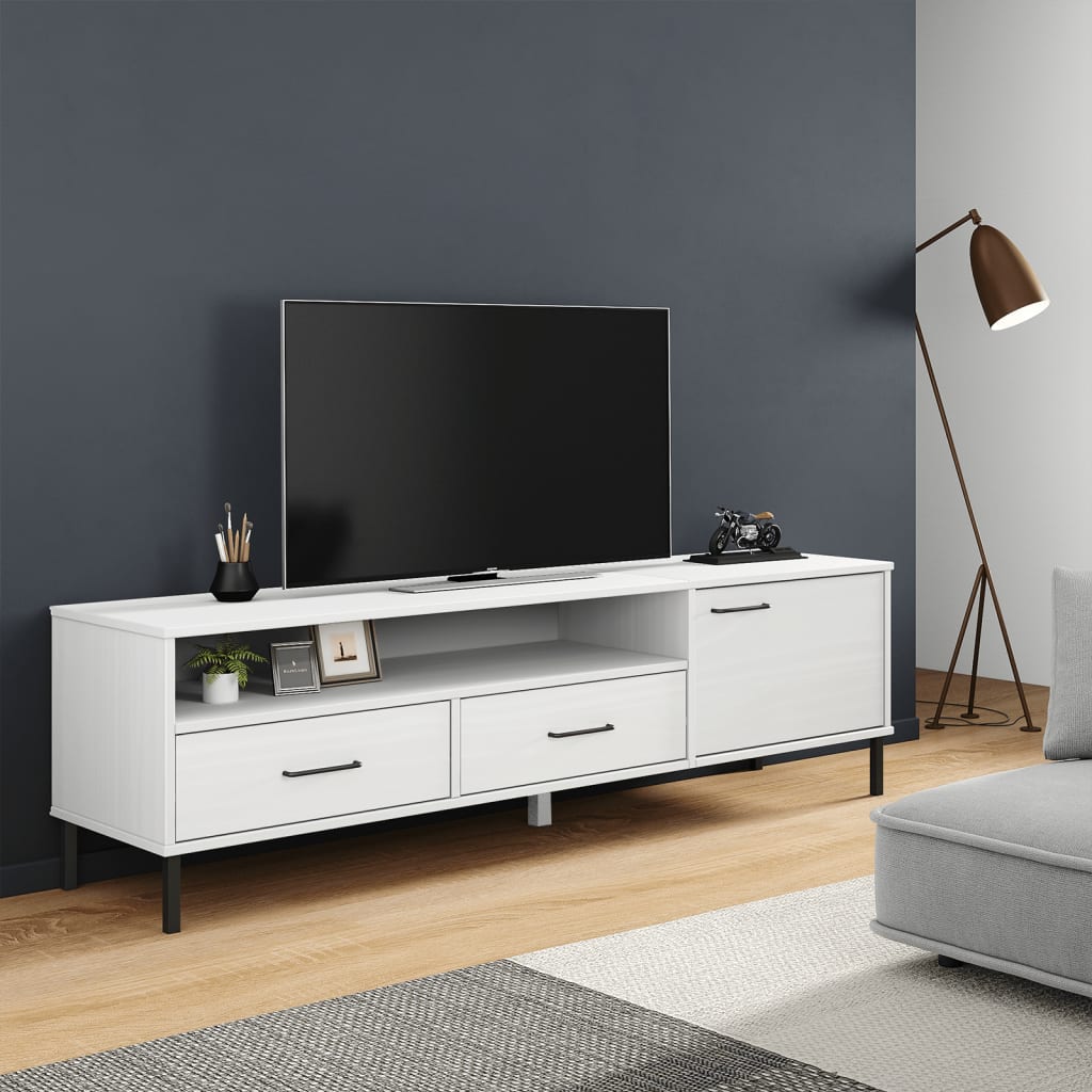 Tv Skříňka S Kovovými Nohami Šedá Masivní Borové Dřevo Oslo