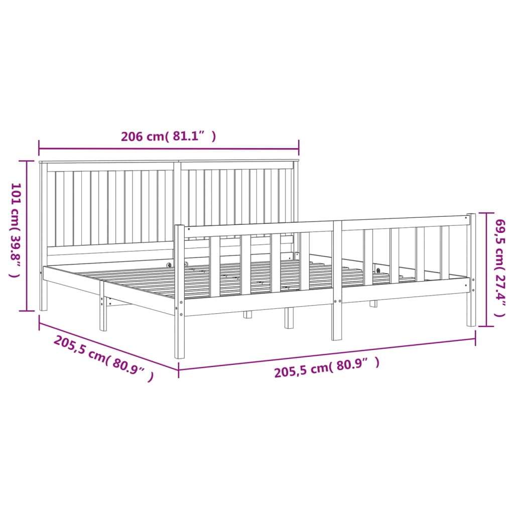 Rám Postele S Čelem Černý 200 X 200 Cm Masivní Borové Dřevo
