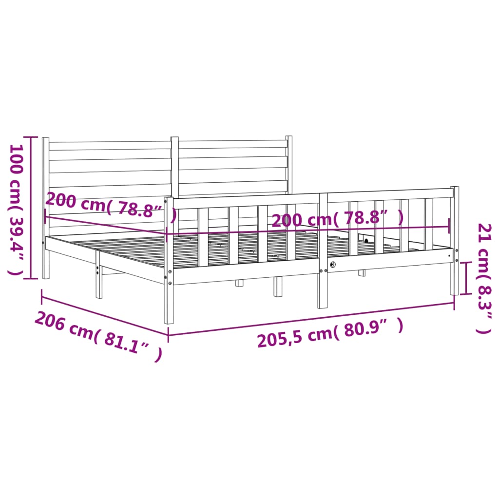 Rám Postele S Čelem Černý 200 X 200 Cm Masivní Dřevo