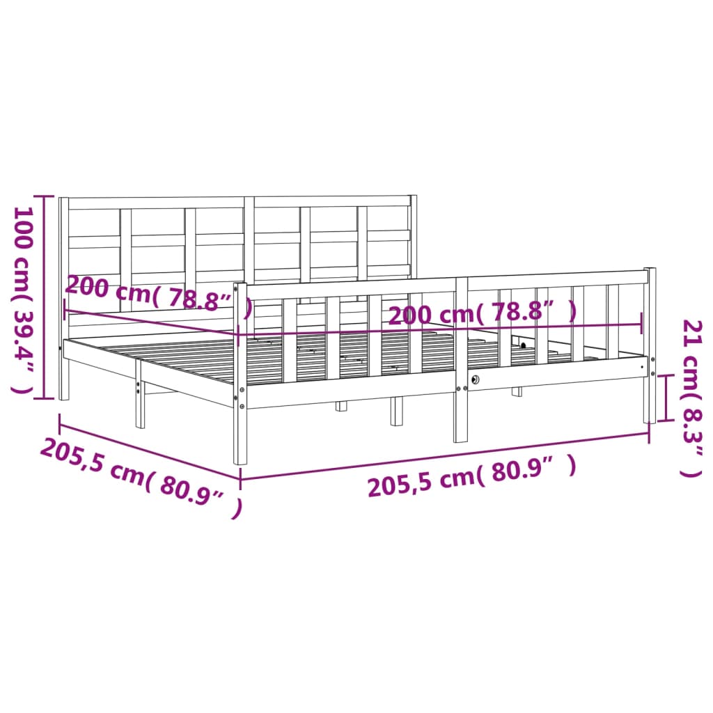 Rám Postele S Čelem Černý 200 X 200 Cm Masivní Dřevo