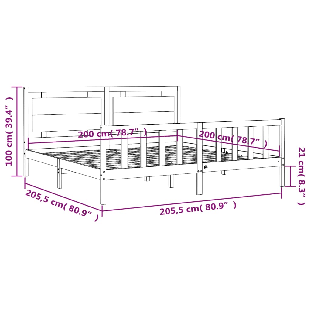 Rám Postele S Čelem Černý 200 X 200 Cm Masivní Dřevo