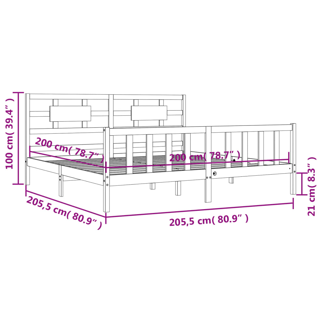 Rám Postele S Čelem Černý 200 X 200 Cm Masivní Dřevo