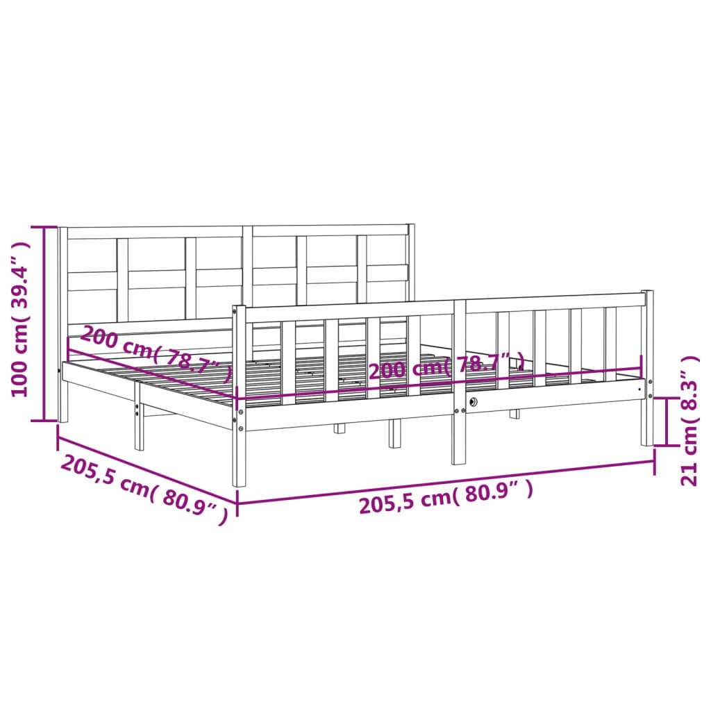 Rám Postele S Čelem Černý 200 X 200 Cm Masivní Dřevo