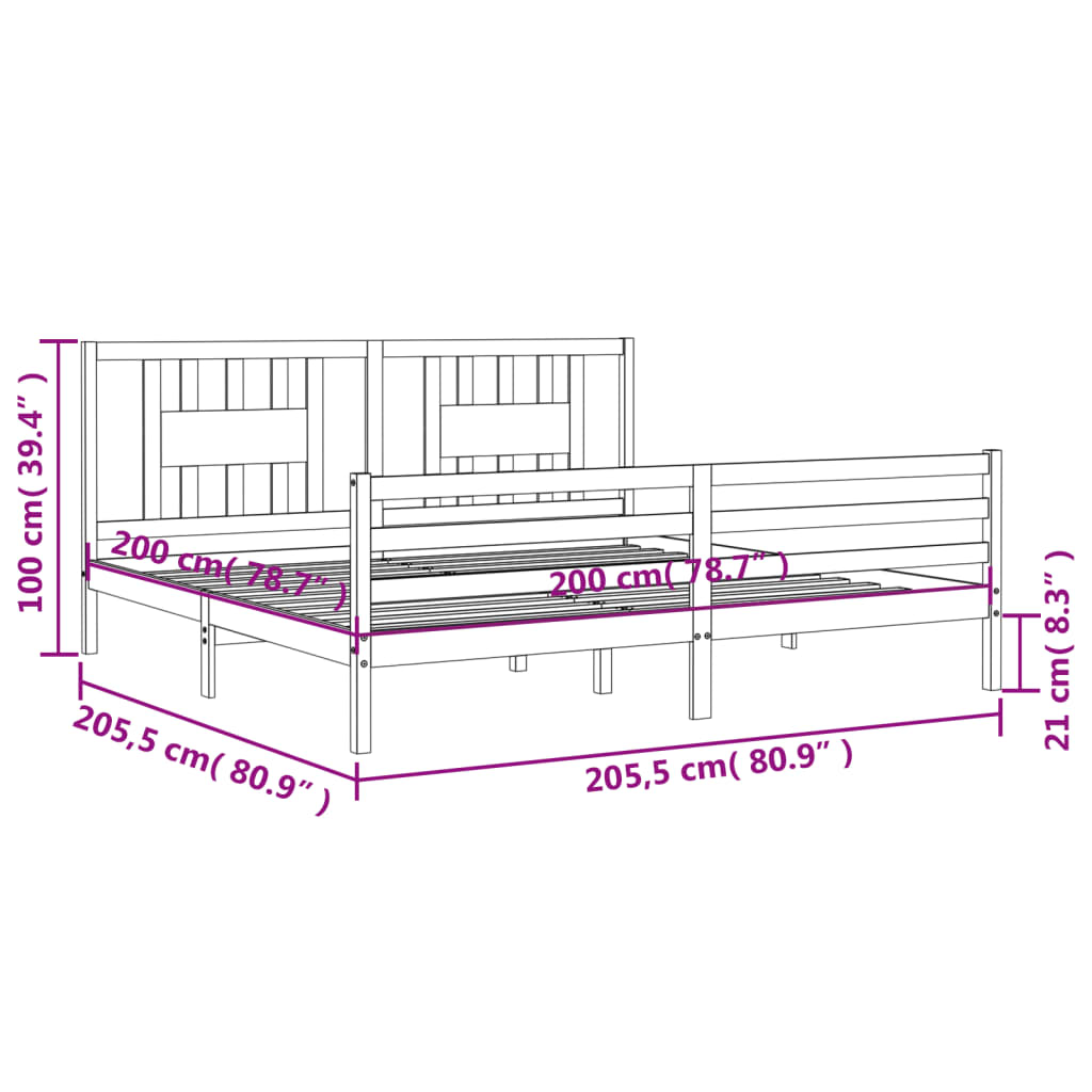 Rám Postele S Čelem Šedý 200 X 200 Cm Masivní Dřevo