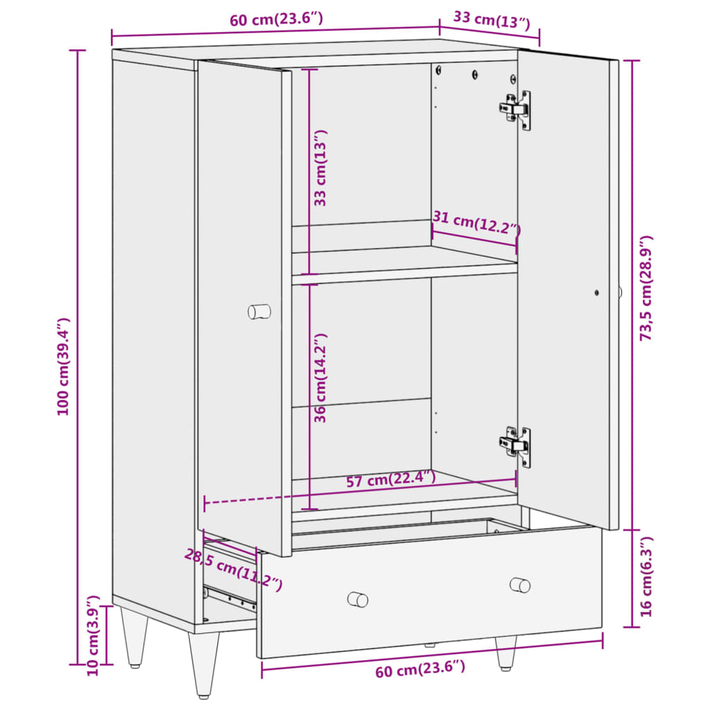 Skříň Highboard 60 X 33 X 100 Cm Masivní Mangovníkové Dřevo