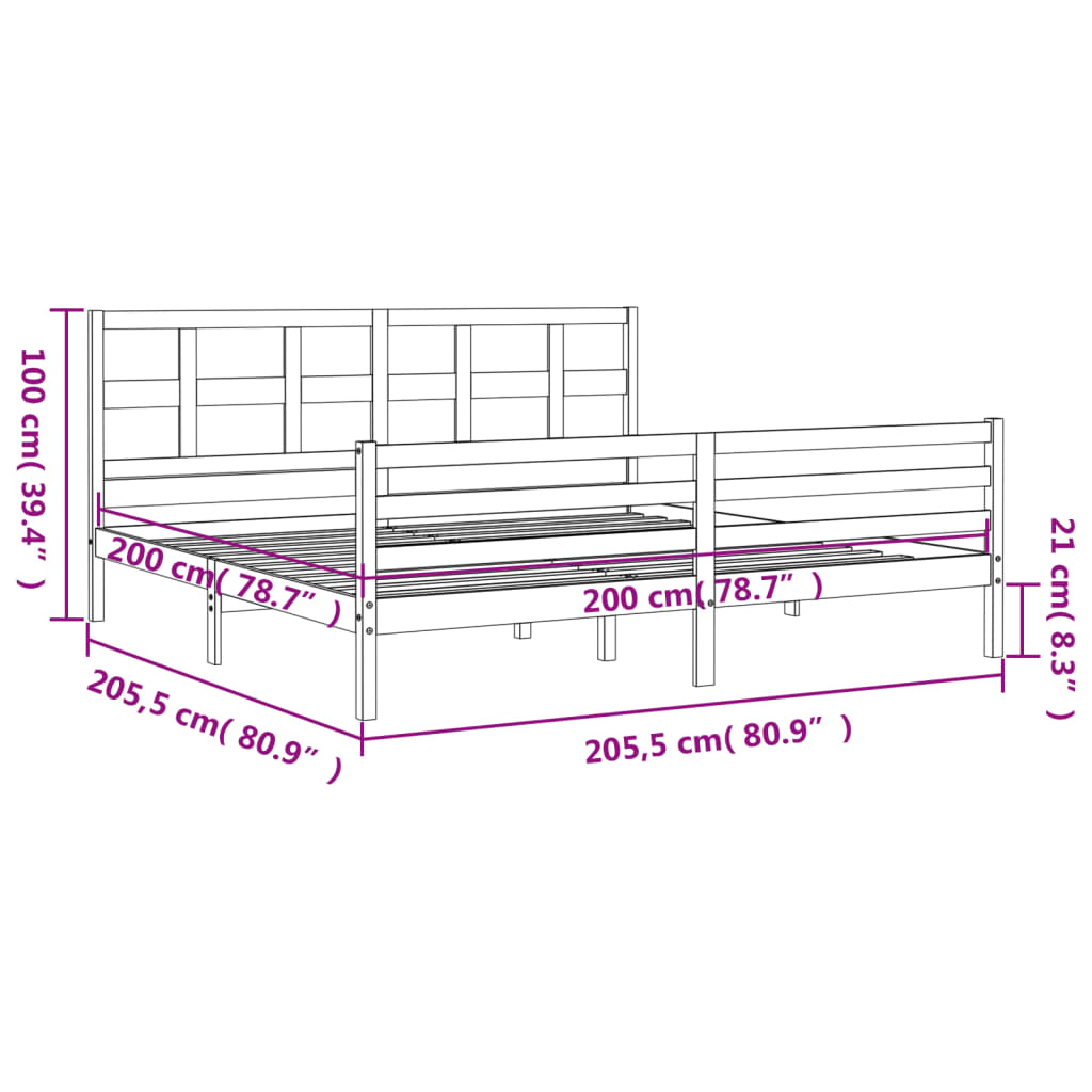 Rám Postele S Čelem Šedý 200 X 200 Cm Masivní Dřevo
