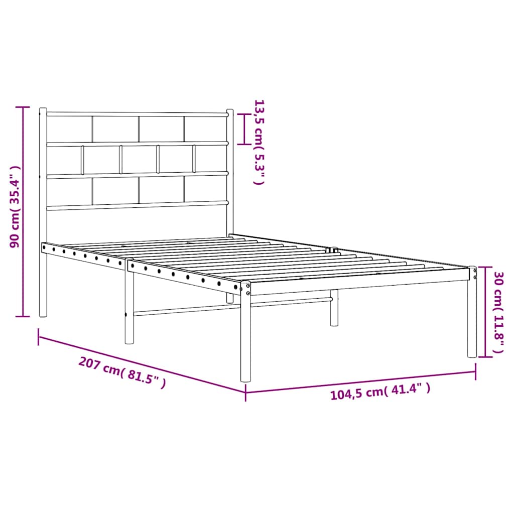Kovový Rám Postele S Čelem Bílý 100 X 200 Cm