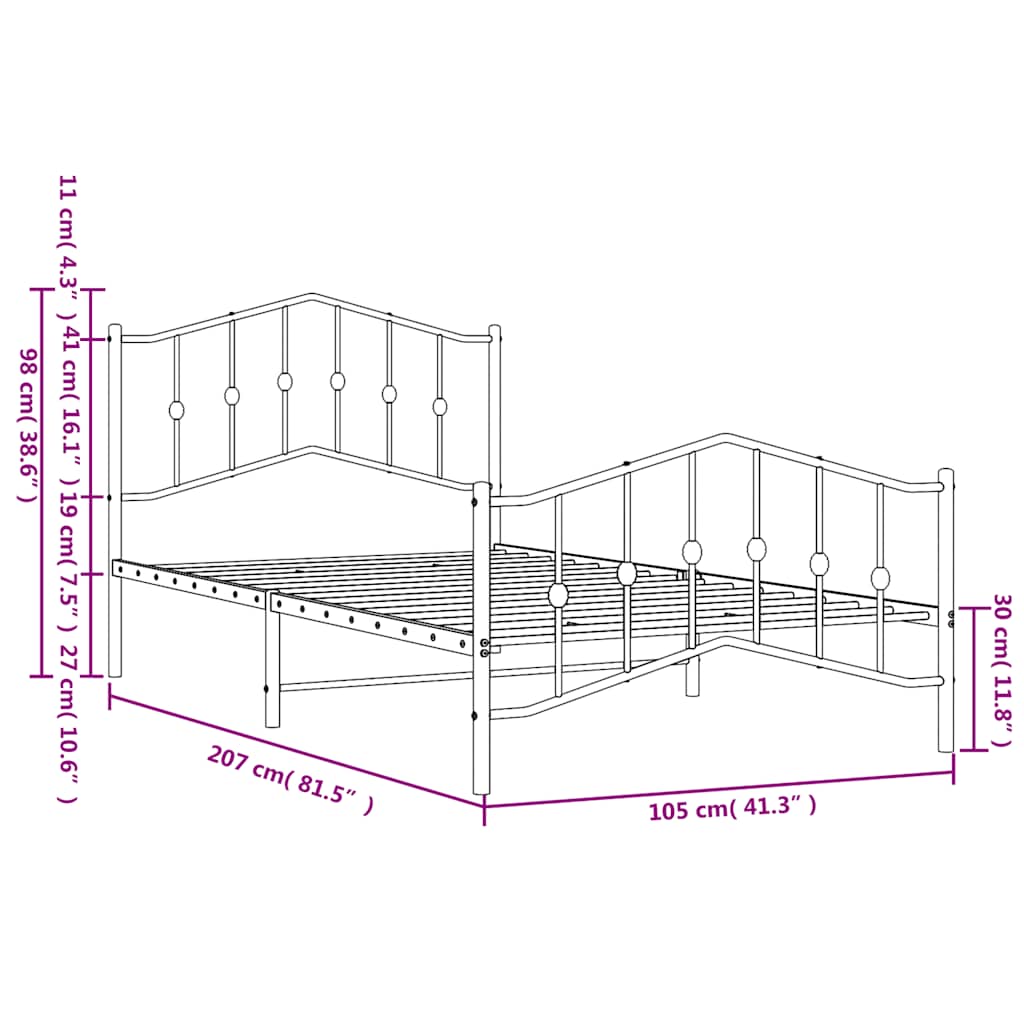 Kovový Rám Postele S Hlavovým A Nožním Čelem Černý 100 X 200 Cm