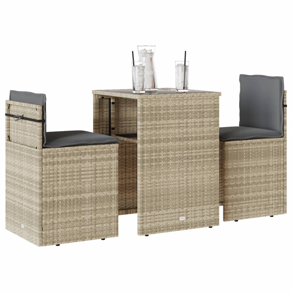 3Dílný Bistro Set S Poduškami Béžový Polyratan