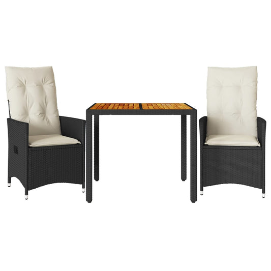 3Dílný Bistro Set S Poduškami Černý Polyratan A Akácie