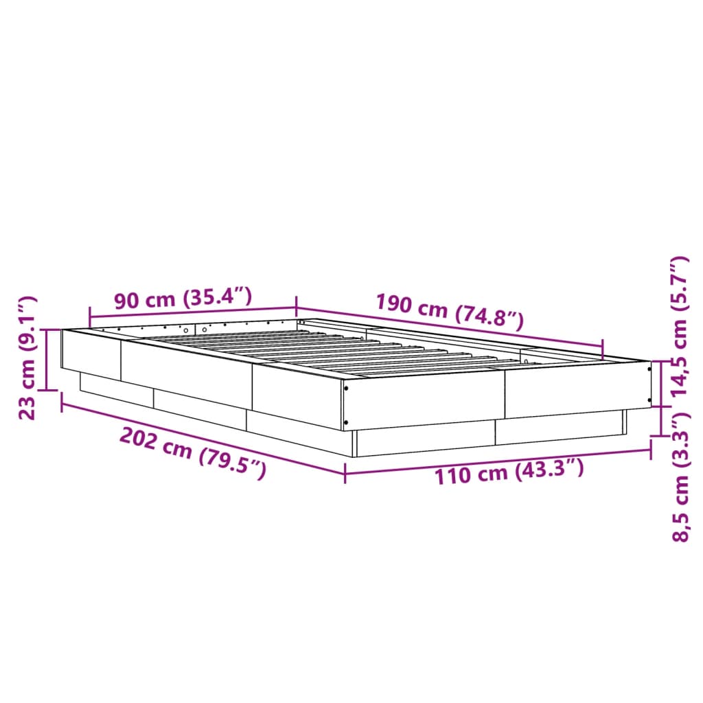 Rám Postele Kouřový Dub 90 X 190 Cm Kompozitní Dřevo