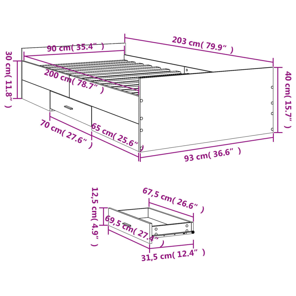 Rám Postele Se Zásuvkami Dub Sonoma 90X200 Cm Kompozitní Dřevo