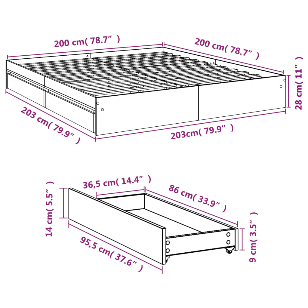 Rám Postele Se Zásuvkami Kouřový Dub 200 X 200 Cm Kompozit