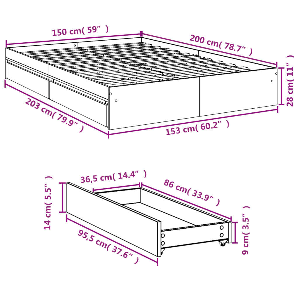 Rám Postele Se Zásuvkami Bílý 150 X 200 Cm Kompozitní Dřevo
