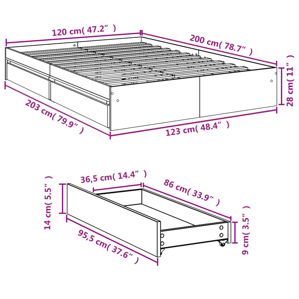 Rám Postele Se Zásuvkami Kouřový Dub 120 X 200 Cm Kompozit
