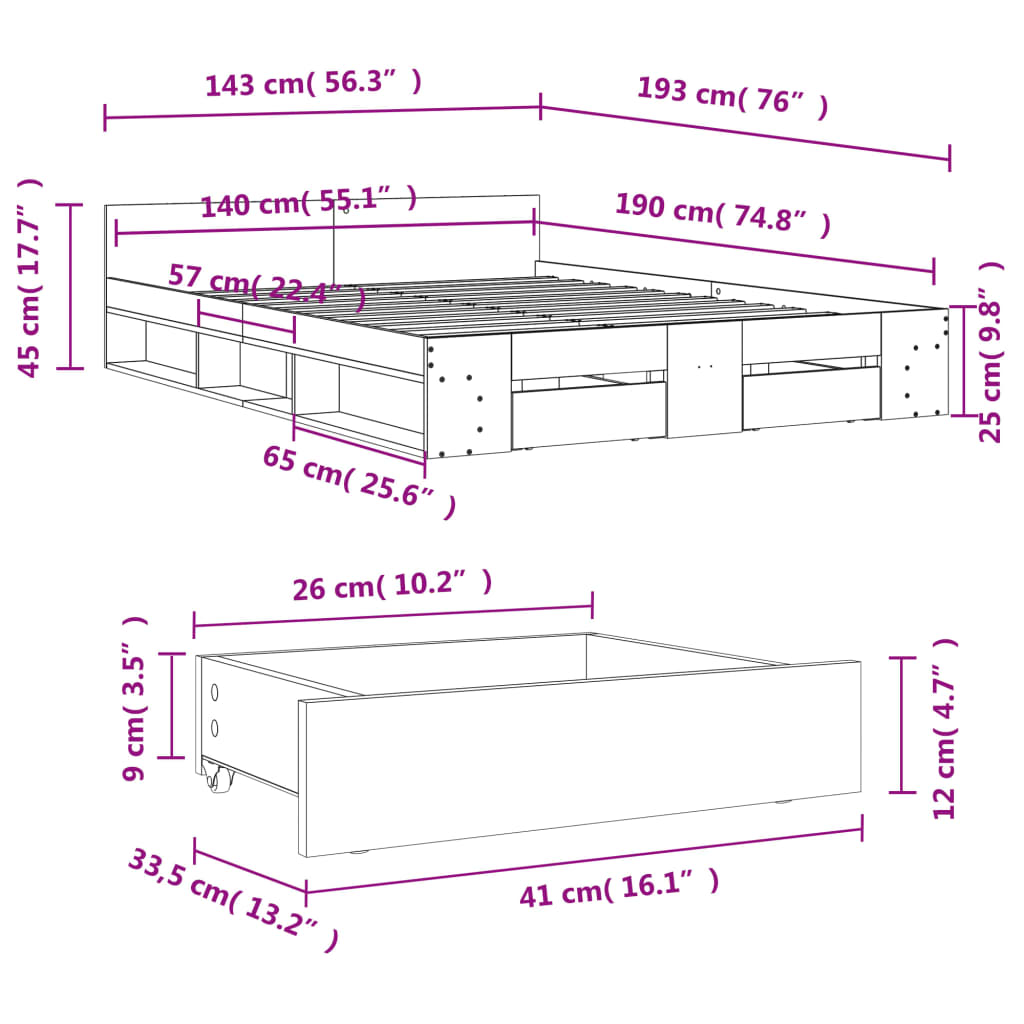 Rám Postele Se Zásuvkami Kouřový Dub 140 X 190 Cm Kompozit